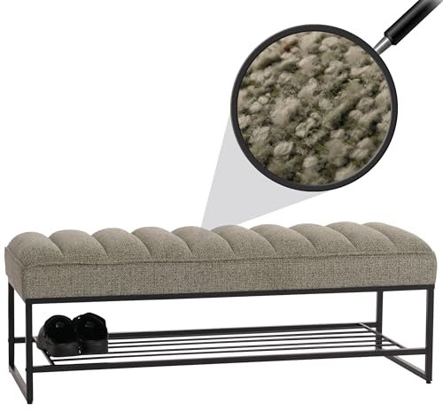 Mendler Sitzbank HWC-N68 mit Schuhablage, Bank Polsterbank Garderobenbank Schuhregal, Stoff Chenille Metall 130cm - grün