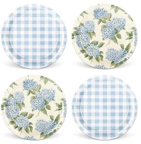 Whaline 40Pcs Hydrangea Plaid Paper Plate Blue And White Floral Disposable Dinner Plate Flower Checkered Tableware For Spring Party Supplies Table Decor, 9 In