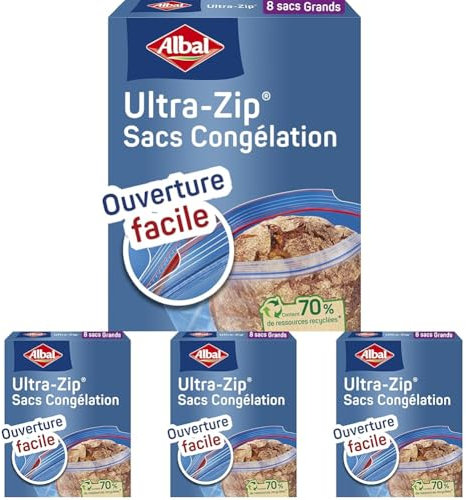 Albal - 8 Sacs Congélation Ultra Zip - Grand Modèle 8L - Fermeture Zip - Résistant - 70% de ressources recyclées (Lot de 4)