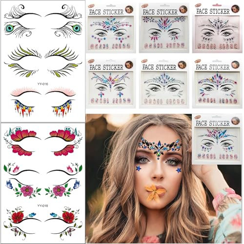 7 Stück Glitzersteine Selbstklebend Gesicht,Strasssteine Gesicht, Strasssteine Gesicht Tattoos, Selbstklebend Wasserdicht Gesichtaufkleber,Festival Glitzer Gesicht für Karneval Schminke Party Make-up