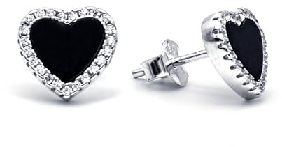 Evensee Herz Ohrringe 925 Silber Schwarzer Onyx,Rhodiniert Ipoallergenisch Damen Coole Liebessymbole Ohrstecker,Geschenk Frauen Weihnachten Geburtstag Muttertag
