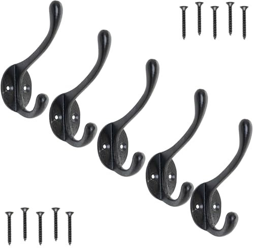 EDUWURXS Heavy-Duty Cast Iron Coat Hooks Pack of 5 Wall-Mounted Hooks for Hanging Clothes Towels Coats, Rustic Vintage Design in Black Finish for Hallways, Bedrooms, Bathrooms, and Entryways