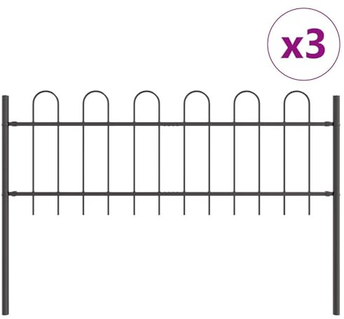 vidaXL 3 Grey Metal Garden Fence Panels - 5.1m Decorative Partition Border