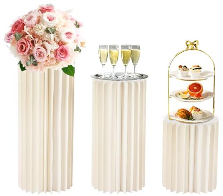 Hochzeit Karton, 3 Stücken Hochzeit Blumensäule Vasen mit Acryldeckel, 40cm 60cm 80cm Faltbarer Papier Blumenständer für Hochzeit Verlobung Geburtstag Tischdekoration, Weiß