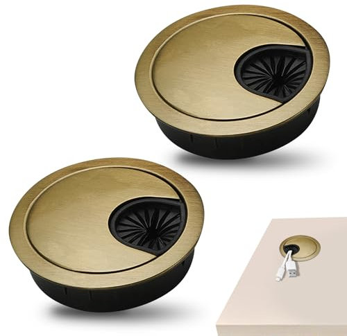2 Pcs Desk Cable Grommet 60mm Zinc Alloy Desk Grommet Round Desk Table Grommet Cable Tidies Desk Wire Hole Cover for Management of Office & Computer Desk (Gold 53mm)