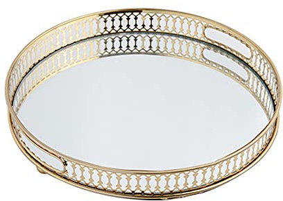 Metall Serving Tablett, Serviertablett, Spiegel Tablett, Antiker Spiegel-Serviertablett, Multifunktionsschale Gold Schminktisch Tablett, Rund, 32 x 32 x 4cm
