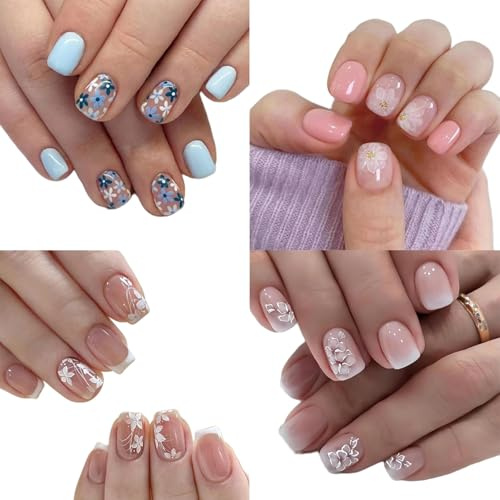 4 Boxes (96PCS) French Press-On Nails with Floral Design, Short Square Shape with Accessory Tool, Premium Eco-Friendly ABS, Timeless All-Season Style for Daily Wear & Special Occasions