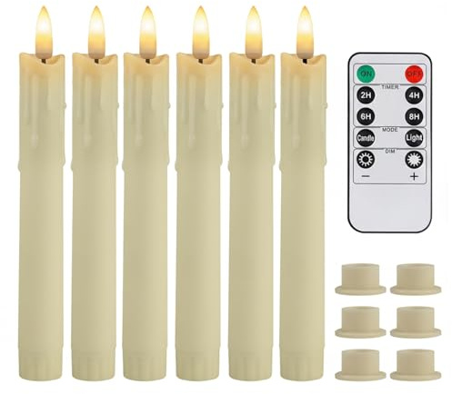 Teynewer LED Taper Candles, Battery Operated Flameless Drip Wax, Pack of 6 | Ivory LED Candle Lights, 10-Key Remote, Warm White Flickering Effect, Decor for Home Dinner and Christmas, 0.78 x 6.69 Inch