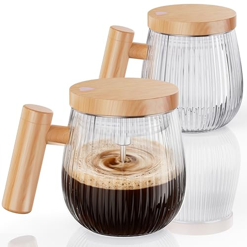 Mihoho Electric Self Stirring Coffee Mug 2Pcs Set, 400ml Mixing Mug, High Speed Suitable for Coffee/Milk/Protein Powder, Heat-Protection Glass Coffee Blender with Lid (Transparent C)