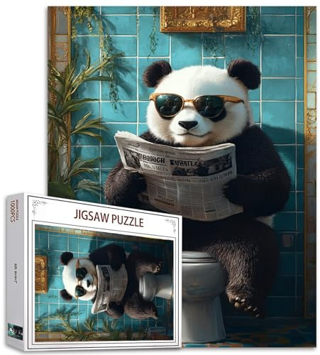 Panda on the Toilet Puzzles 1000 Piece Jigsaw for Adults Animal WC Read Newspaper Challenging Family Activity Games Colorful DIY Craft Puzzle for Home Decor Gifts