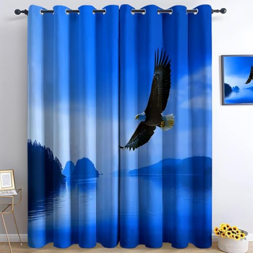 Generisch Adler Regenwald Vorhänge Blickdicht 75 x 166 cm (2er Set) - Thermovorhang mit Ösen, Insel Meer Kinderzimmer Ösenvorhänge für Mädchen Schlafzimmer Wohnzimmer - Blau