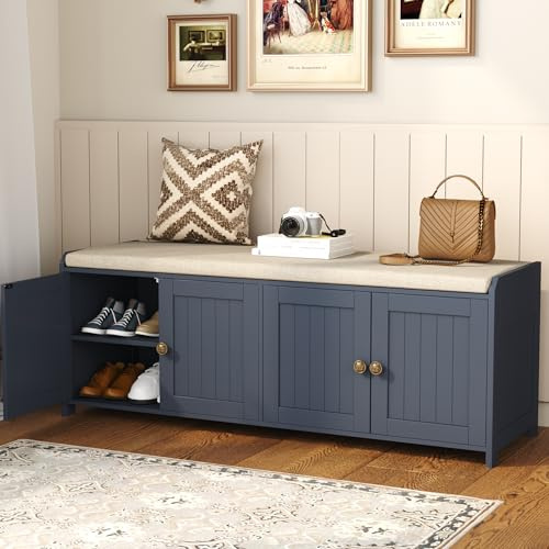 HOME BI Shoe Storage Bench with Cushion, 4 Door Entryway Bench with Padded Seat, 2-Tier Shoe Organizer with Adjustable Shelves, Wooden End of Bed Bench for Bedroom, Hallway,Living Room,Entrance, Blue