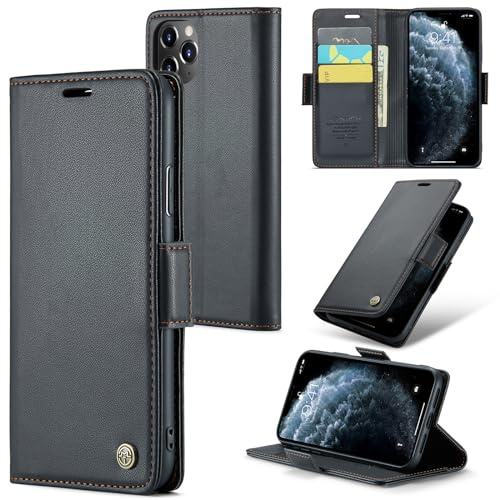 Idhiem Portefeuille Rabat Coque pour iPhone 11 Pro Max, Noir | Housse Premium en Cuir PU, RFID Protection, Portefeuille Rabat Case, Porte Cartes et Fonction Support Étui