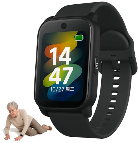 PEIKVOUL GPS Smartwatch für Senioren mit Sturzerkennung SOS Notruf HD Videoanruf IP67 Wasserdicht GPS Tracker für Demenz Alzheimer Pflege,Schwarz