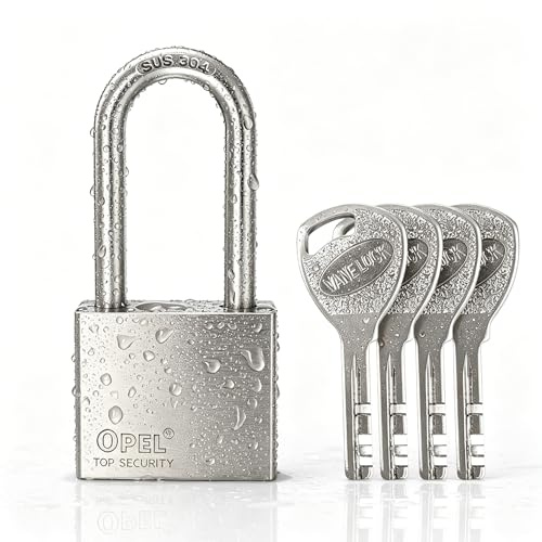 100% Waterproof Heavy Duty Padlock, 304 Stainless Steel Long Shackle 30mm | 4 Keys Included, Warehouse Garden Shed Garage Fence Storage Units, Outdoor/Indoor Use