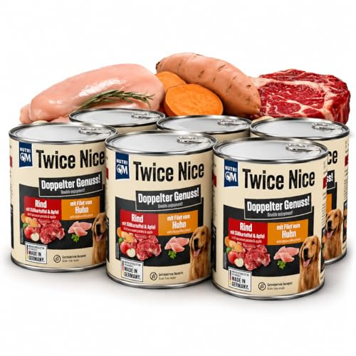 NutriQM Twice Nice Rind Nassfutter für Hunde - 6 x 800g – Premium Hundefutter Nass mit Rind & Hühnerfilet, Süßkartoffel & Apfel - Getreidefrei & Wohl bekömmlich - Ohne Zusatzstoffe - Made in Germany