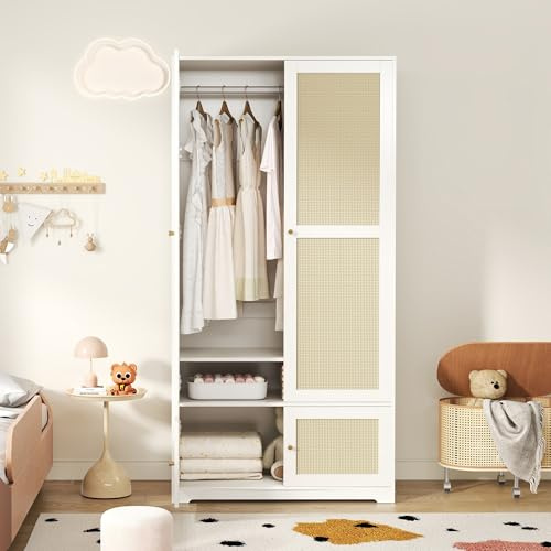 Moimhear - Armario de aspecto ratán de 2 puertas, 90 x 48 x 180 cm, MDF y frentes lacados, con barra para ropa y estantes, color blanco