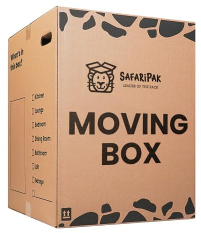 SAFARIPAK - 10 Pack Strong Tall Extra Large Reusable Cardboard Storage Packing Moving House Boxes 60cm x 44.5cm x 44cm with Carry Handles and Room List Checkboxes - 115 Litres Capacity