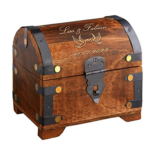 Casa Vivente Große Geld-Schatztruhe mit Gravur, Liebestauben, Personalisiert mit Namen und Datum, Schmuckkästchen aus dunklem Holz, Verpackung für Geldgeschenke, Hochzeitsgeschenke für Brautpaar