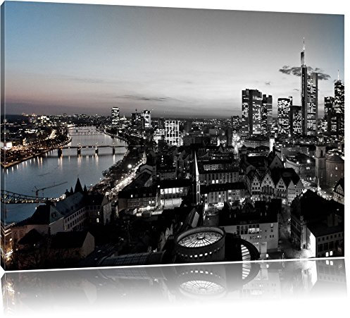 Pixxprint Frankfurter Skyline bei Sonnenuntergang B&W, Größe: 80x60cm, Leinwandbild, fertig gespannt, Wandbild, Dekoration, Kunstdruck, kein Poster