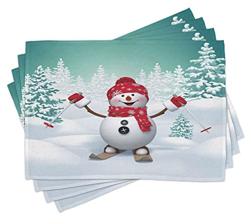 ABAKUHAUS Weihnachten Platzmatten, Skifahren-Schneemann-Bäume, Waschbare Stoff Esszimmer Küche Tischdekorations Digitaldruck, Teal Weiß