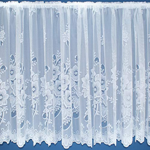 White Floral Contemporary Window Lace Net Curtain With Scalloped Bottom. 90inch (229cm) drop. Sold by the metre by Kelly's Soft Furnishings