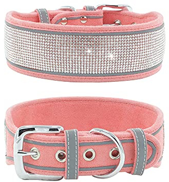 haoyueer Rhinestone Dog Collar, Dazzling Sparkling Soft Suede Reflective Large Dog Collar Crystal Diamond Collar for Medium & Large Dogs (M:15-19, Pink)