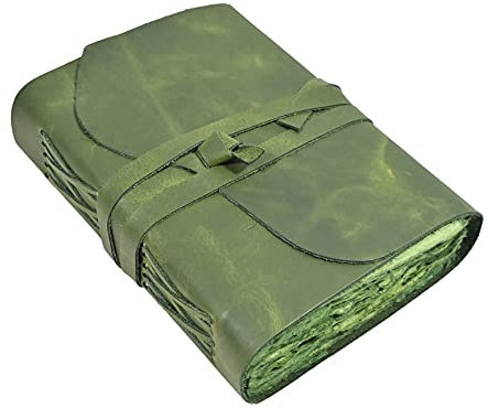 Vintage Grünes Leder-Tagebuch – 200 Seiten Büttenrand Rustikales Papier, unlinierte Seiten Buch der Schatten Grimoire Junk Notizbuch, Fantasy-Mittelalter-Geschenke, Scrapbook (Erdgrün, 30.5x22.9 cm)