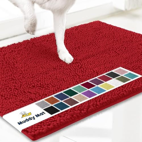 Muddy Mat® AS-SEEN-ON-TV Highly Absorbent Microfiber Door Mat and Pet Rug, Non Slip Thick Washable Area and Bath Mat Soft Chenille for Kitchen Bathroom Bedroom Indoor and Outdoor - Red Small 28X18