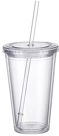 CEIEVER Tazza in plastica rigida con coperchio e cannuccia, trasparente, a doppia parete, riutilizzabile, in plastica, per feste (1, 500 ml)