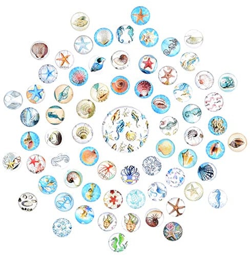 SUNNYCLUE 1 Box 140Pcs 70 Styles Animal Cabochons Ocean Sea Theme 12MM Flat Round Glass Cabochon Flatbacks Colorful Shells Starfish Beads Dome for DIY Earrings Bracelets Findings, Random Style