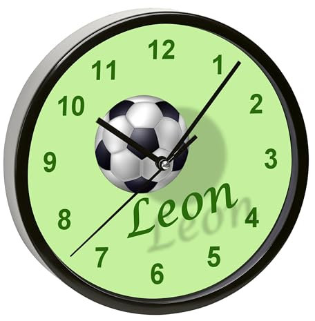 CreaDesign, Wanduhr für Kinderzimmer Fußball 2, Kinderuhr schwarz mit Quarz Uhrwerk, personalisiert mit Name, Durchmesser 19,5 cm