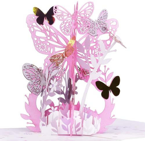 Rosa Schmetterling Blume Pop-up-Karte, 3D-Druck Papier-Karte, einzigartiges Geschenk für Frauen Mädchen Mütter Tag Jahrestag Geburtstag