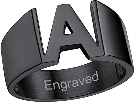 Custom4U Personalisierter Namen Ring Herren Schwarz Edelstahl Initialen Alphabet Fingerring mit Namen/Wunsch/Text Gravur 3D Design Schwarz A-Z Buchstaben Siegelring Modeschmuck Geschenke