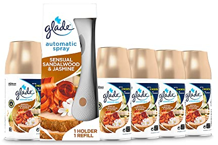 Glade Automatic Air Freshener Holder & Refill, Long-lasting Fragrance Infused with Essential Oils, Sandalwood & Jasmine, 1 Starter Kit, (1 x Holder and 5 x Refills)