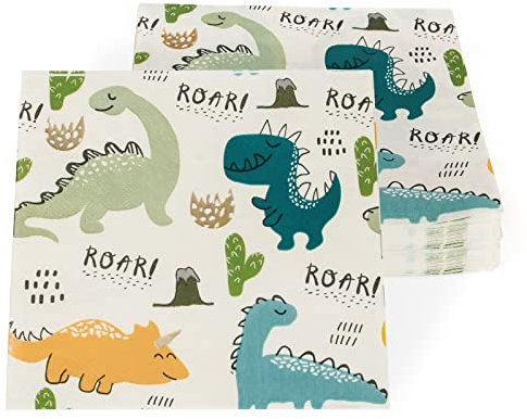PARTY GO Dino Servietten Kindergeburtstag 40 Stück, Dinosaurier Servietten für Dino Geburtstag Deko Papierservietten Kindergeburtstag, Dino Party Deko Servietten 33 * 33CM