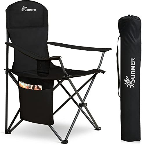 SUNMER Folding Camping Chairs, Extra Wide Lightweight Outdoor Chairs with Armrests and Cup Holder, 120 kg Capacity - Black