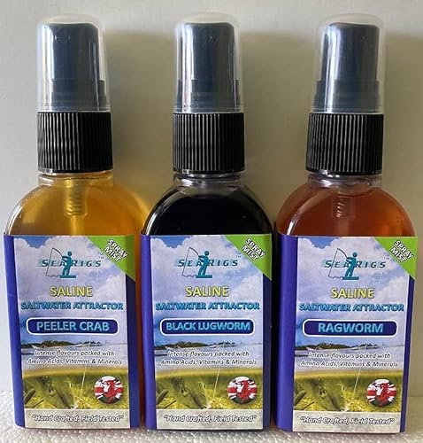 Sea Fishing PEELER CRAB - BLACK LUGWORM - RAGWORM - 3 x 50ml Natural Saline Bait Sprays