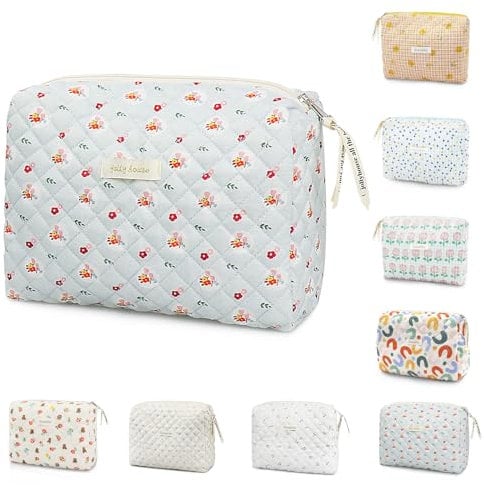 Cotton Floral Travel Makeup Bag, Portable Cosmetic Storage Bag for Women Girls (Flower-Blue)