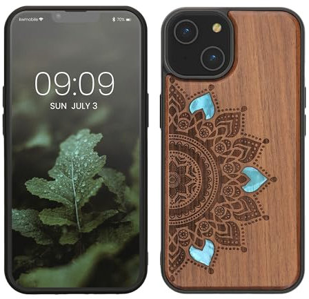 kwmobile Hülle kompatibel mit Apple iPhone 14 Hülle - Holz Case - Handy Cover - TPU Handyhülle in Dunkelbraun Aufgehende Sonne Perlmutt