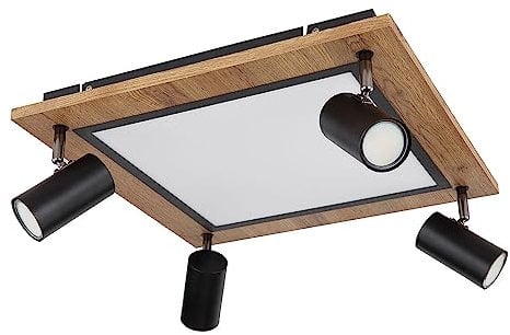 GLOBO LED Deckenpanel Holz Deckenleuchte 4-Flammig Deckenlampe Strahler schwenkbar, Licht getrennt schaltbar, 24W 1900Lm warmweiß, LxBxH 45x45x13 cm