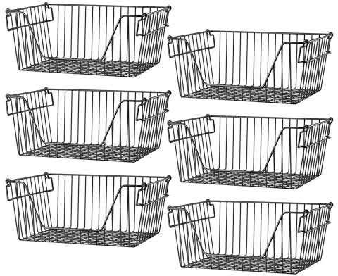 SANNO Stapelbarer Korb, schwarz, stapelbare Drahtkörbe, stapelbare Behälter für Gemüseaufbewahrung, Speisekammer, Kühlschrank und Badezimmer-Organisation, 6 Stück