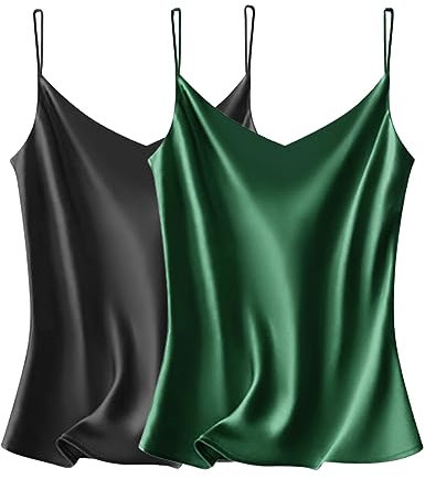 VIDUSSA Débardeurs Femmes Chemise Satin sans Manches Chemisiers Col V Blouse Haut T-Shirt Cami Tops 2 Pack BDG L