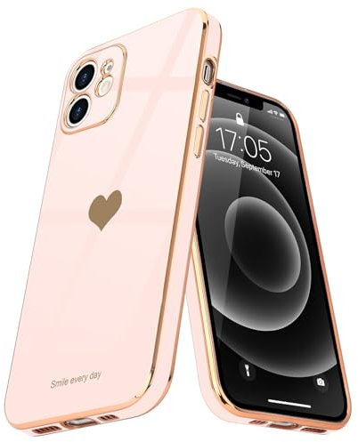 Teageo for iPhone 12 Case Cute Heart Pattern for Women Girls Slim Luxury Bling Plating Soft TPU Anti-Scratch Shockproof Bumper Phone Case for iPhone 12, Light Pink