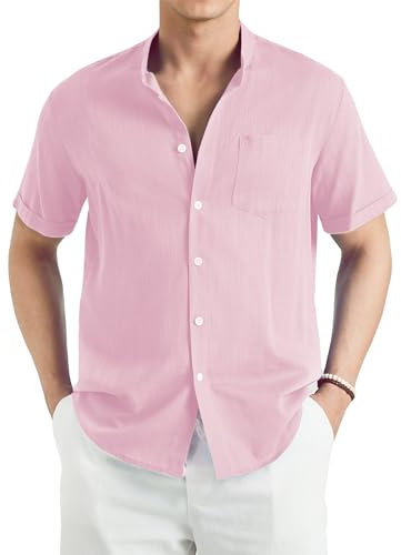 Enlision Camicia di Lino Uomo Rosa Camicia Collo Coreano Manica Corta Estiva Camicie Uomo Lino Cotone con Bottoni Tasche per Casual Beach Matrimonio L