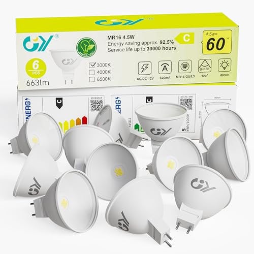 GY GU5.3 LED Warmweiss Lampe, 12V MR16 LED 4,5W 663 Lumen 3000K Warmweiß, 60W Halogenlampe ersetzt, AC/DC Flimmerfrei Led, Abstrahlwinkel 120° Leuchtmittel, Nicht Dimmbar Energiesparlampe, 12 stück