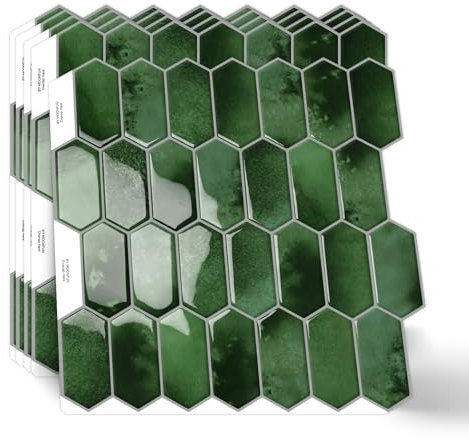 MOONFUN Long Hexagon Peel and Stick Tiles Backsplash,10 Sheets 3D Self Adhesive Wall Tile Back Splash 12 x 12 Inch for Kitchen,Bathroom(Dark Green)