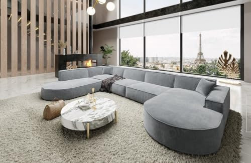 Wohnlandschaft Alegranza Sofa in U Form Designersofa Stoffsofa in Samt Sofa in Stoff (Hellgrau, Lange Ottomane Links)