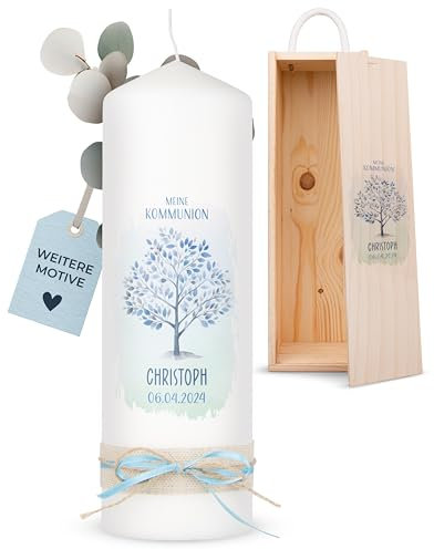 AMARI ® Kommunionkerze personalisiert Baum des Lebens (002.08.01) H:25cm/⌀:8cm - Kerze Kommunion - Kommunionkerze Junge/Mädchen - Kommunionkerze selbst gestalten - Kommunionkerze personalisiert