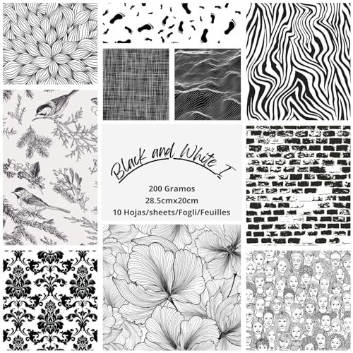 ASENME Scrapbooking-Paket, Designpapier zum Basteln, Scrapbooking, 10 Einheiten (A4) Papier (Schwarz und Weiß 1, 10 Einheiten)